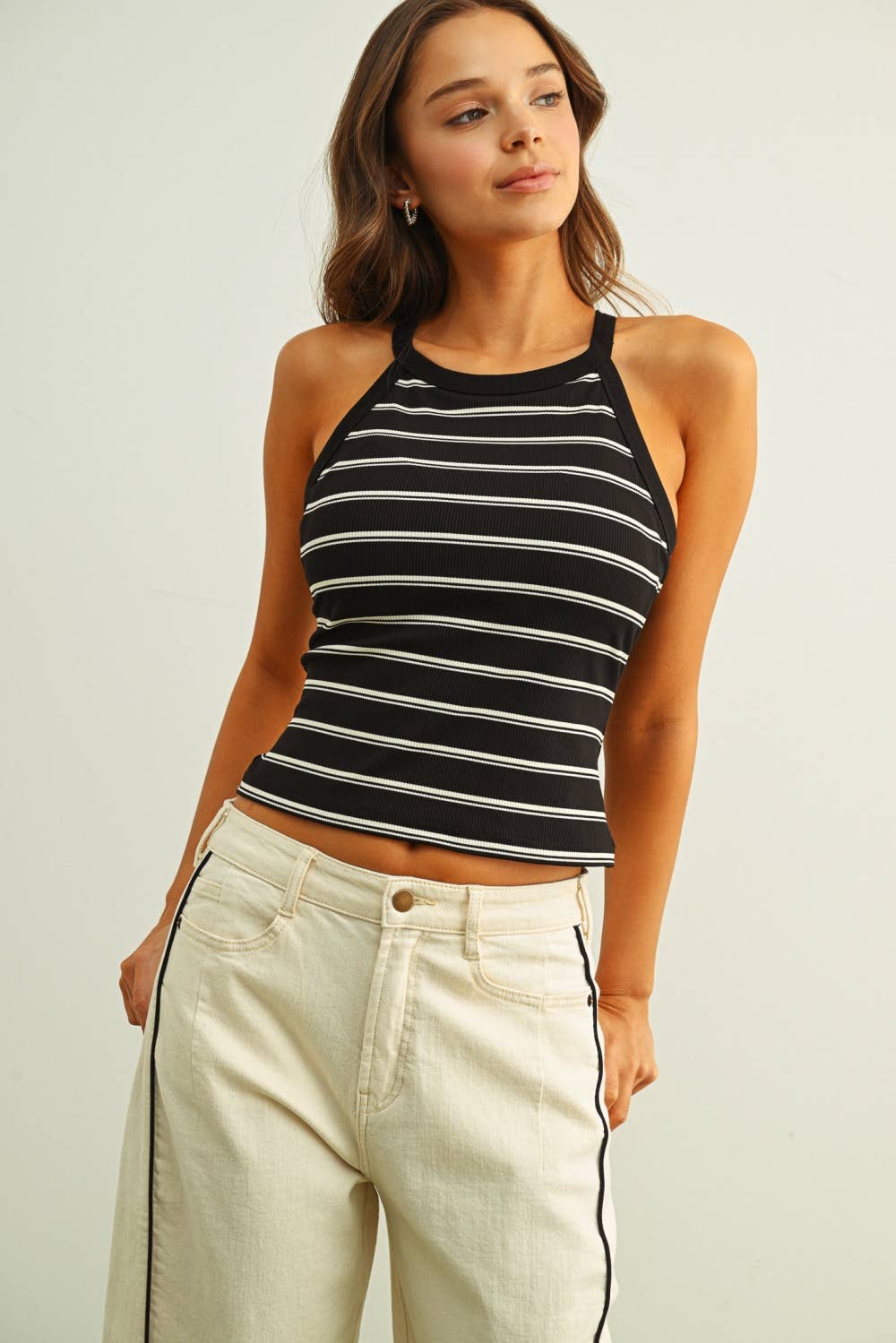 High neck stripped padded bra tank top