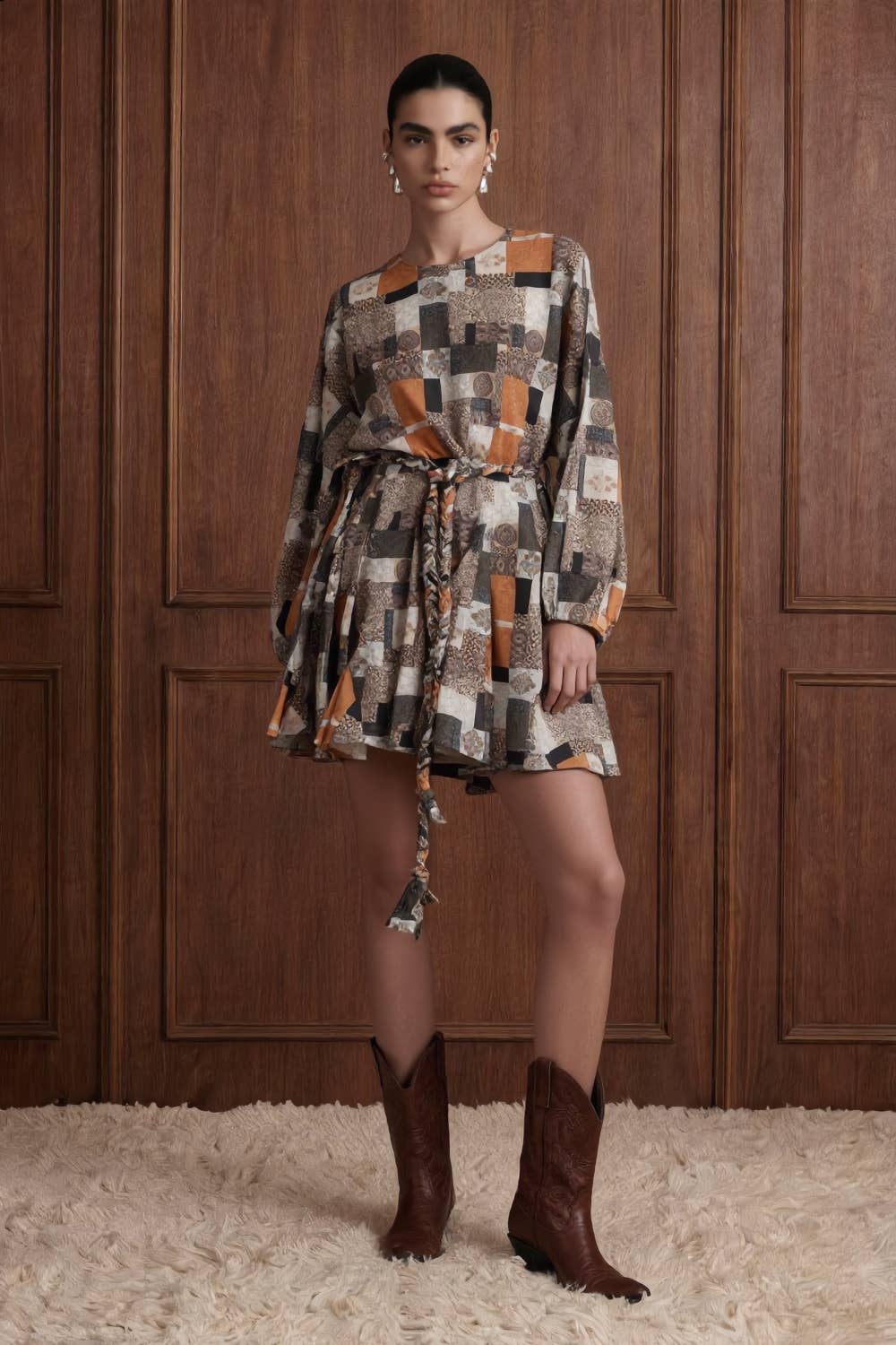 Geometric Patchwork Braided Tie Mini Dress