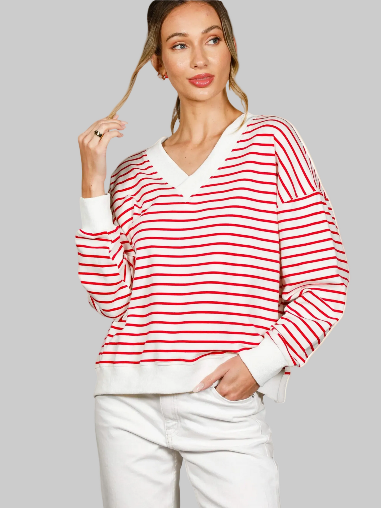 V-Neck Back Pullover Striped Sweatshirt