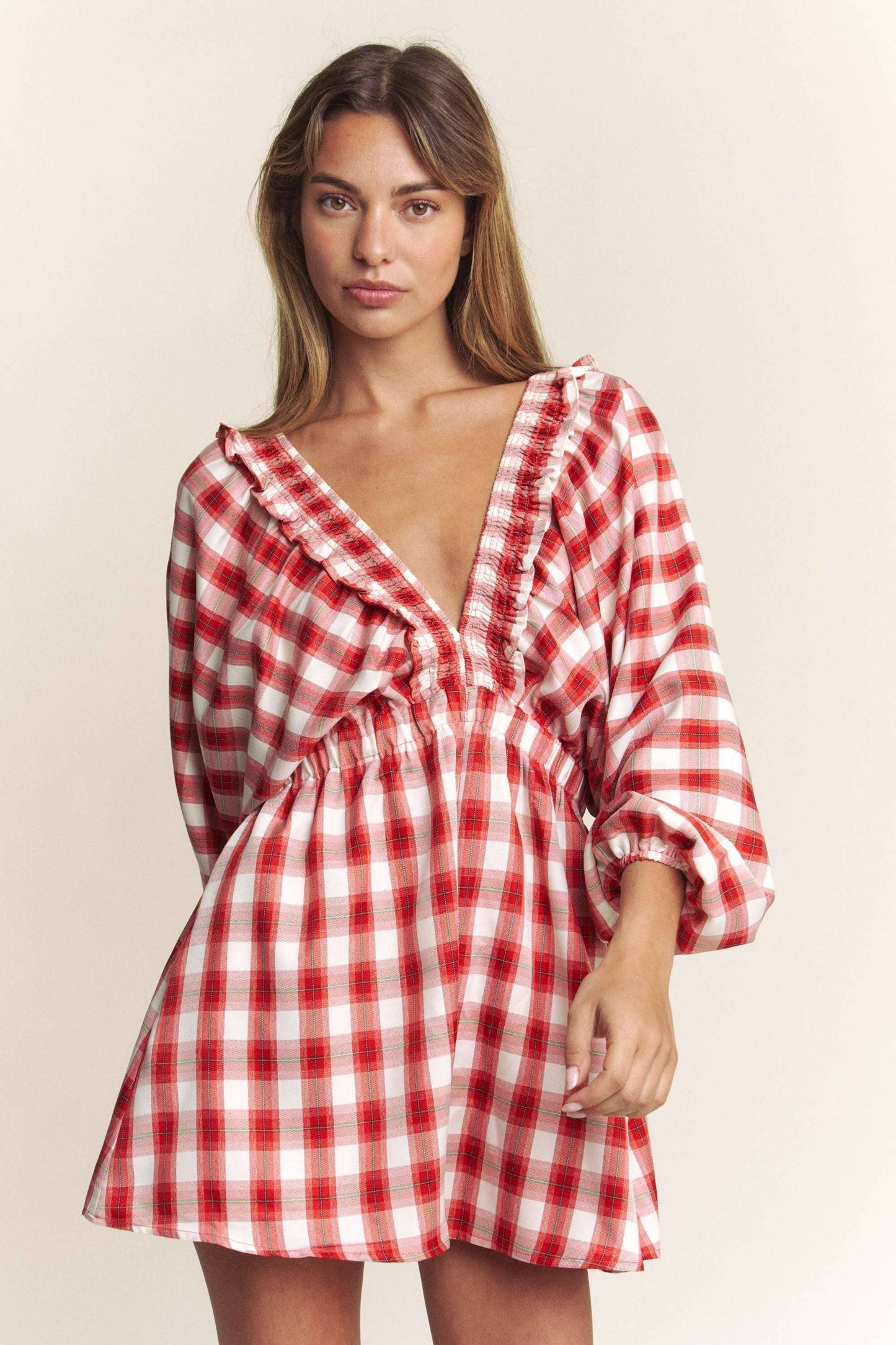 Plaid deep V Kimono Sleeve Romper
