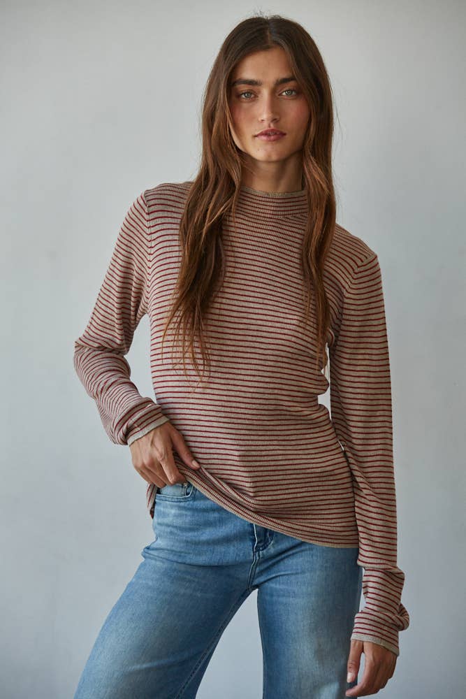 Knit Sweater Striped Mock Neck Long Sleeve Top